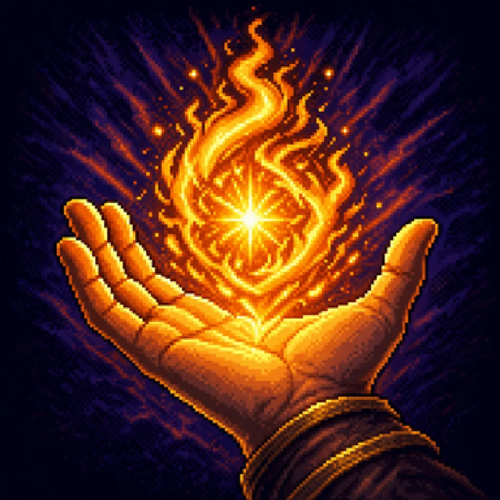 A hand holding a flame, the emblem of the Body, the aspect of Sómariel