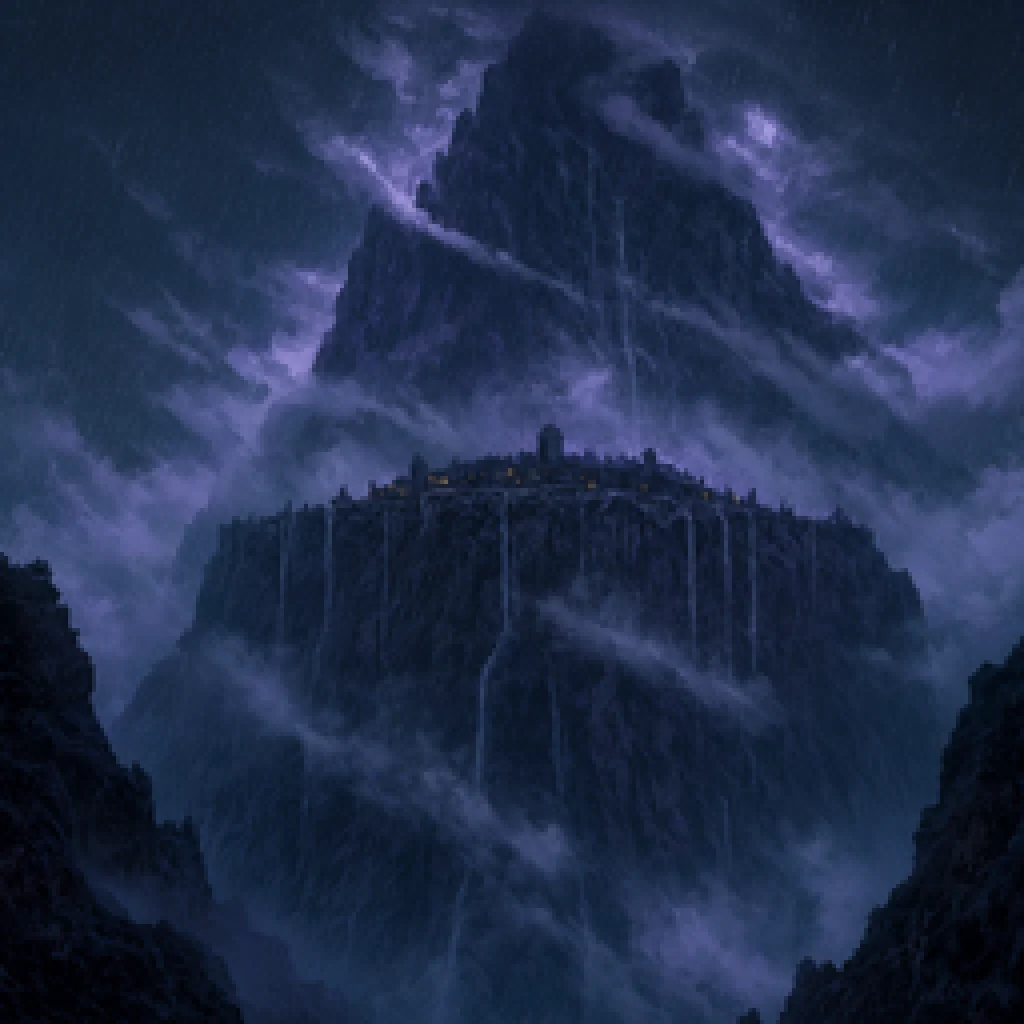 A single walled city on a ledge halfway up a great mountain, waterfalls falling past its walls, half hidden in storm and mist