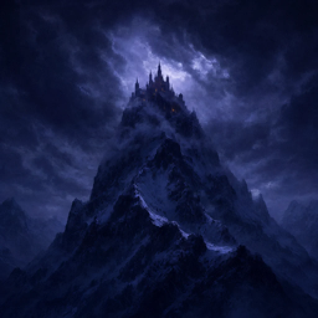 A city crowning the peak of a snow-capped mountain, wrapped in a dark storm