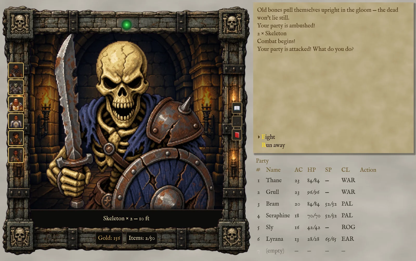 Combat in The Marrow: skeletons ambush the party in a torch-lit stone dungeon