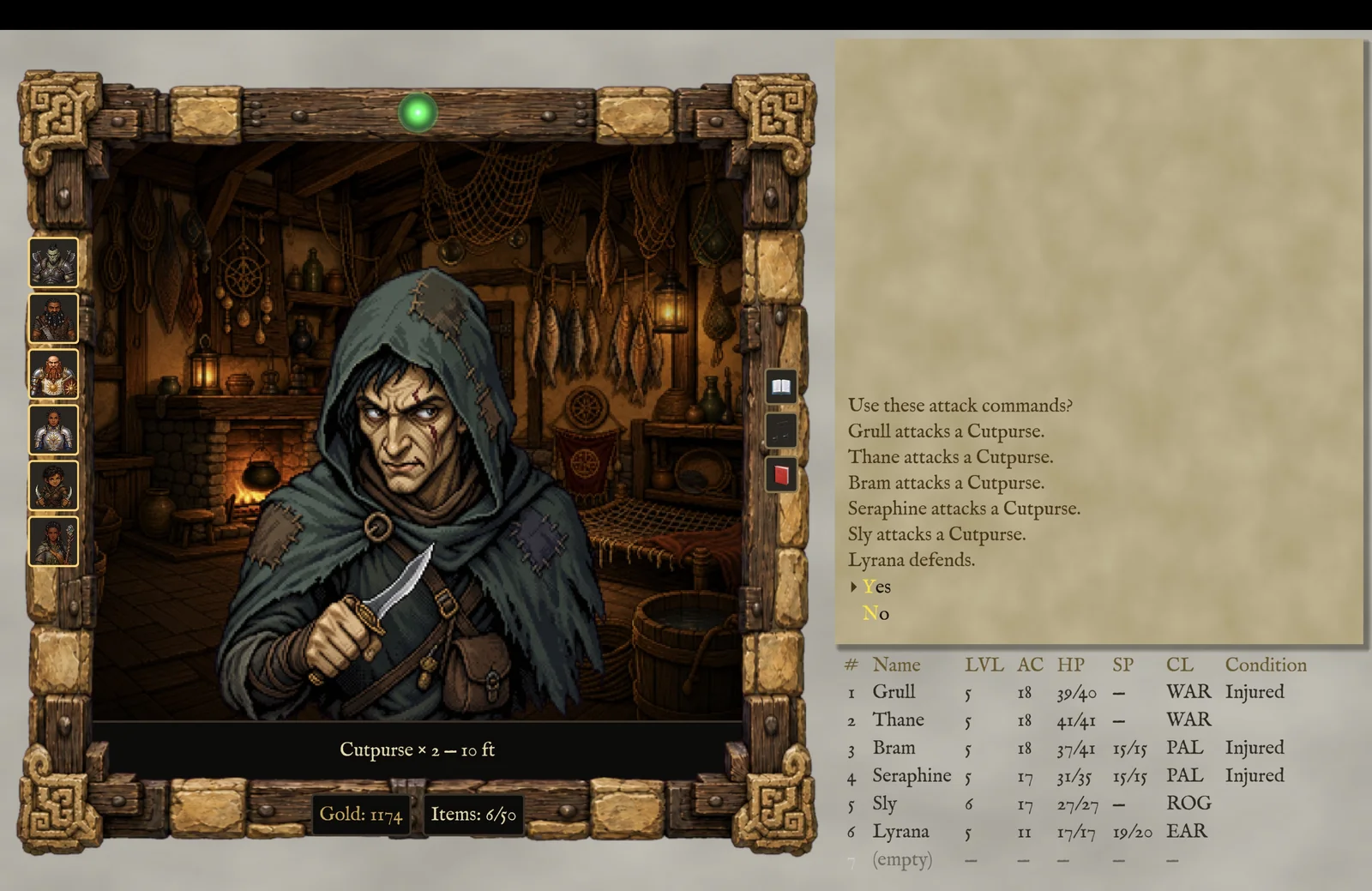 Combat: a hooded cutpurse with a dagger faces the party