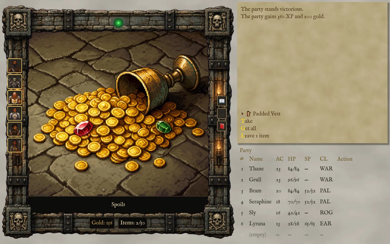 Victory screen in The Marrow: a spilled cup of gold and gems, spoils of combat