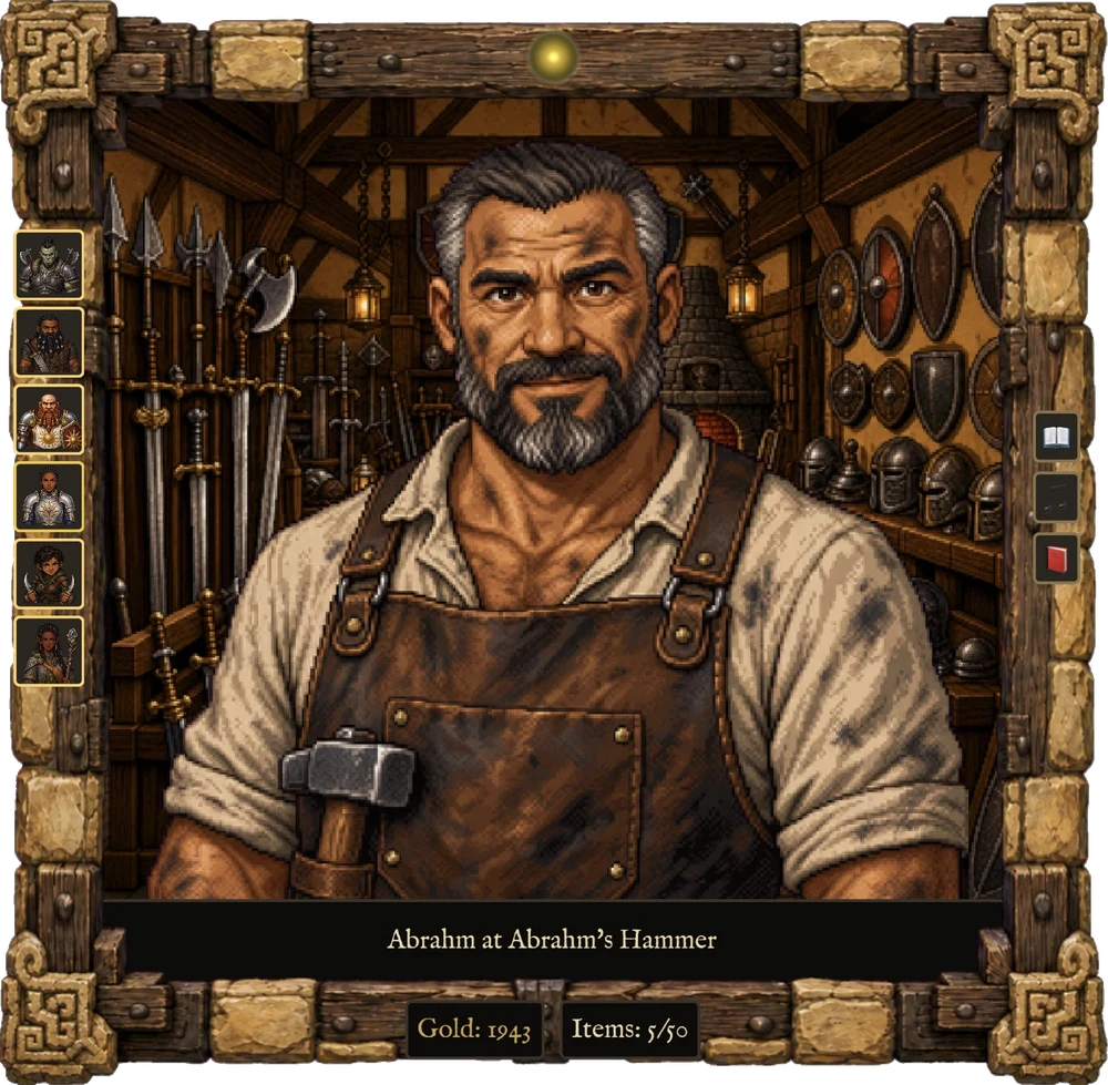 Abrahm, smith of Abrahm's Hammer, in a framed portrait