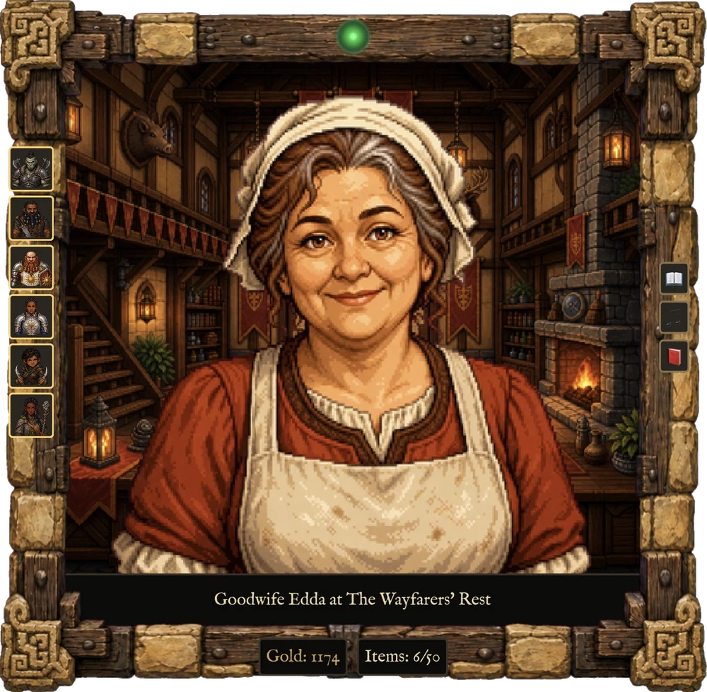 Goodwife Edda of The Wayfarers' Rest, in a framed portrait