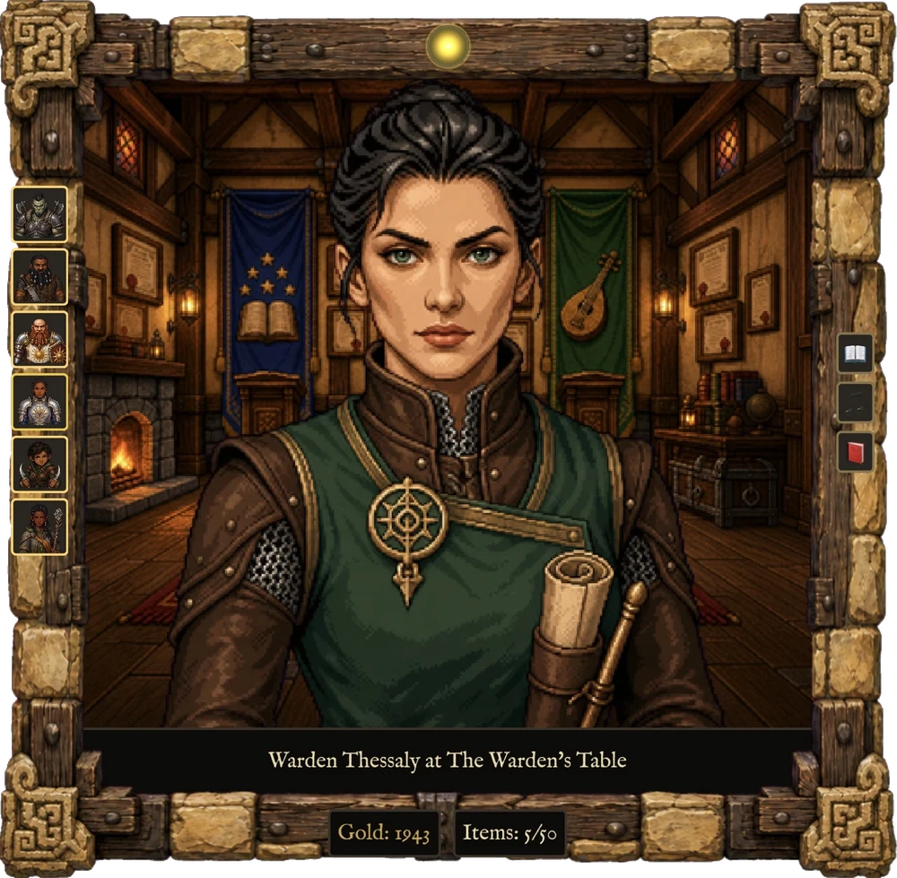 Warden Thessaly at The Warden's Table, in a framed portrait