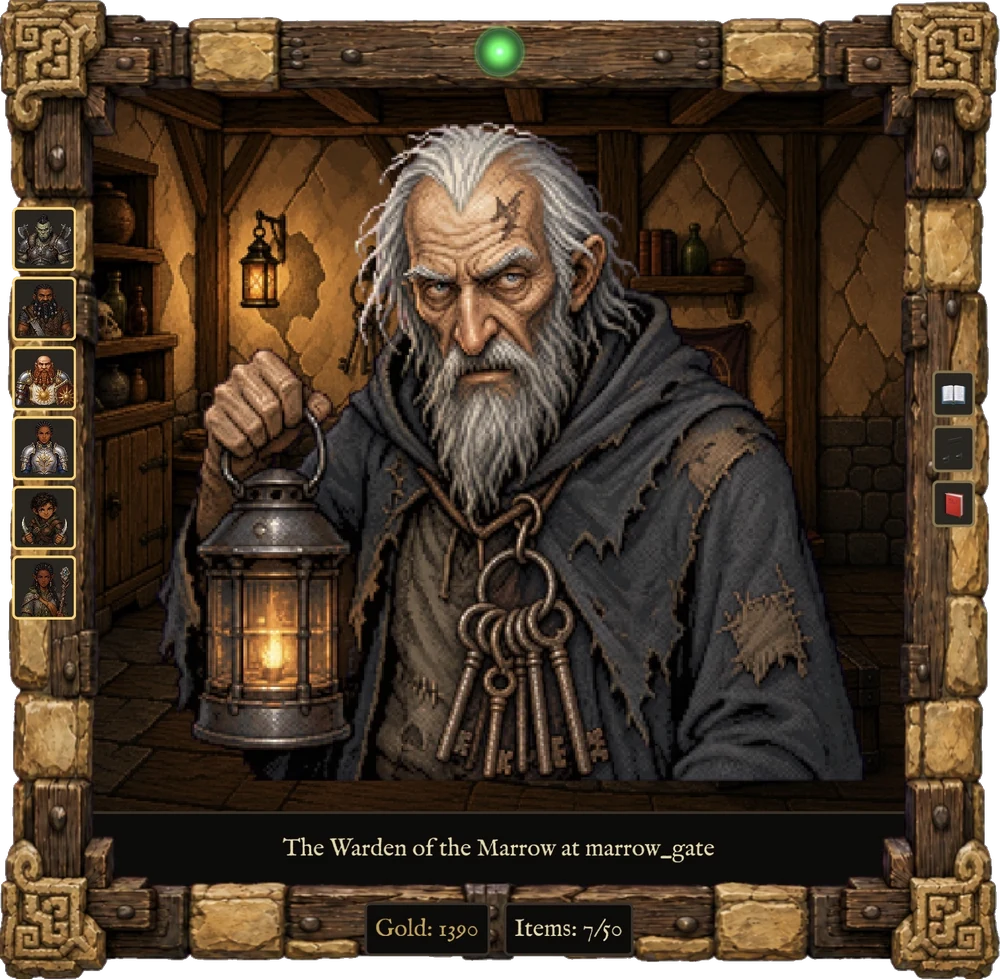 The Warden of the Marrow at the Marrow Gate, in a framed portrait