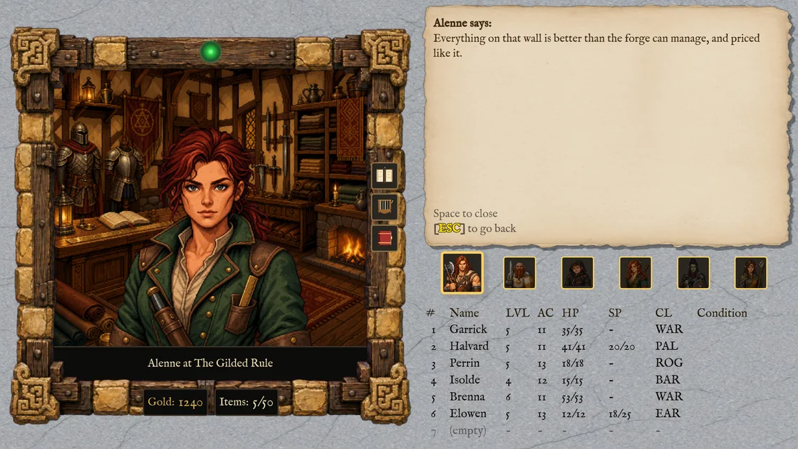 Alenne framed in the console, the parchment beside her