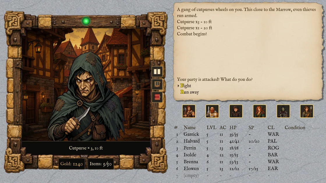 A hooded cutpurse with a knife in the console's frame, the fight's opening lines on the parchment