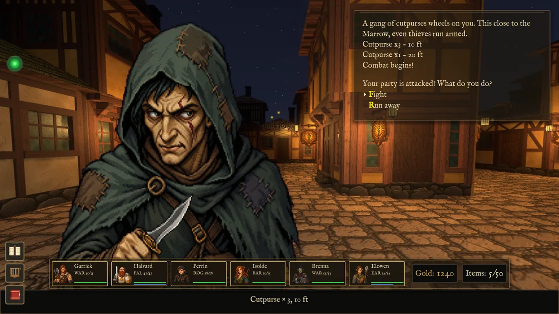 A hooded cutpurse with a knife on a town street at night, lit windows and stars behind him