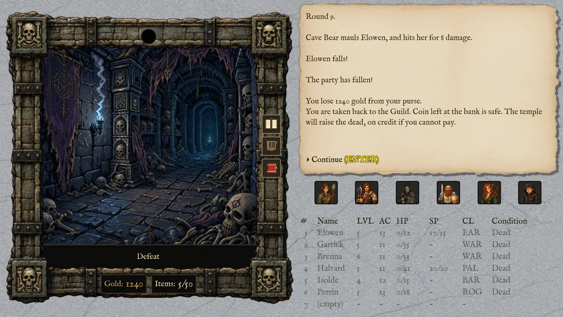 The defeat screen in the console's frame, a dark crypt of bones, the log of the last round on the parchment and every roster row marked Dead