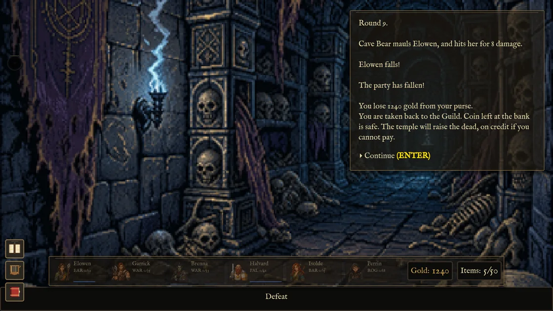 The defeat screen filling the screen, a dark crypt of bones with lightning, the log of the last round in a card