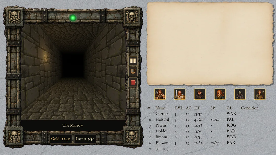A stone mine corridor through the console's dungeon frame, lit by the party's lantern