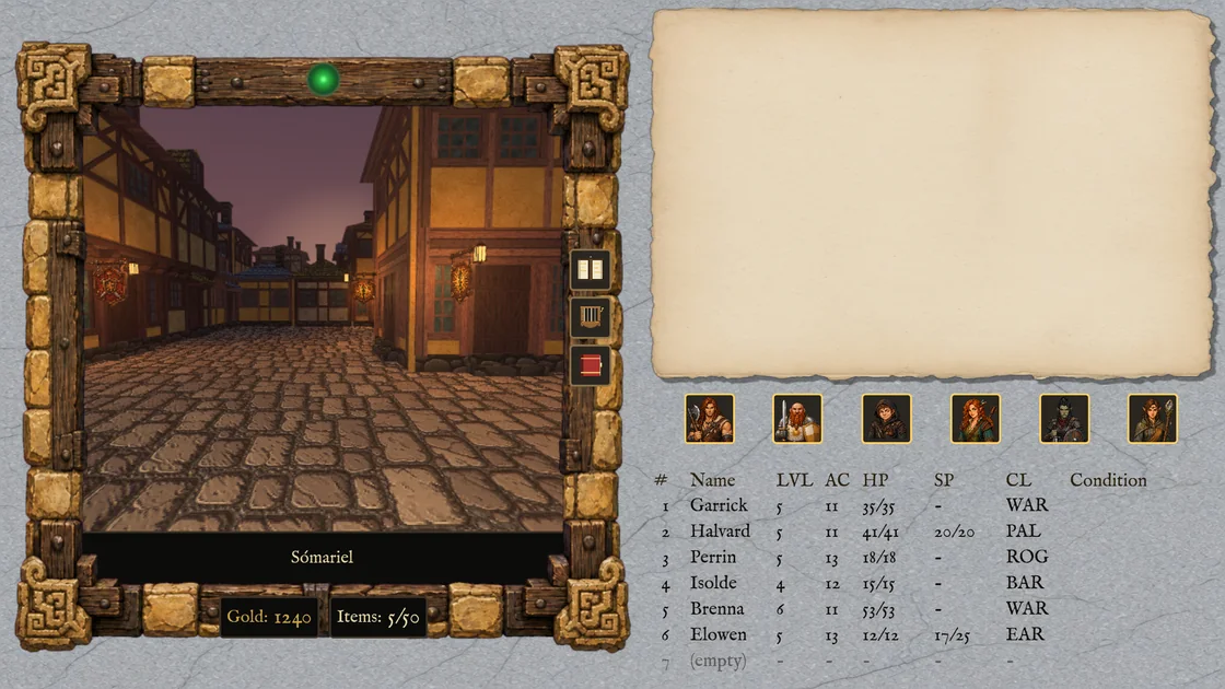 A street at dusk through the console's stone frame, the parchment and party roster beside it