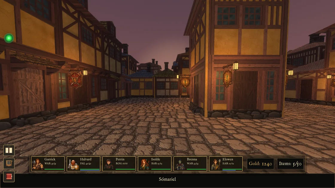 A street at dusk filling the screen, lanterns lit under a purple sky, the party along the bottom