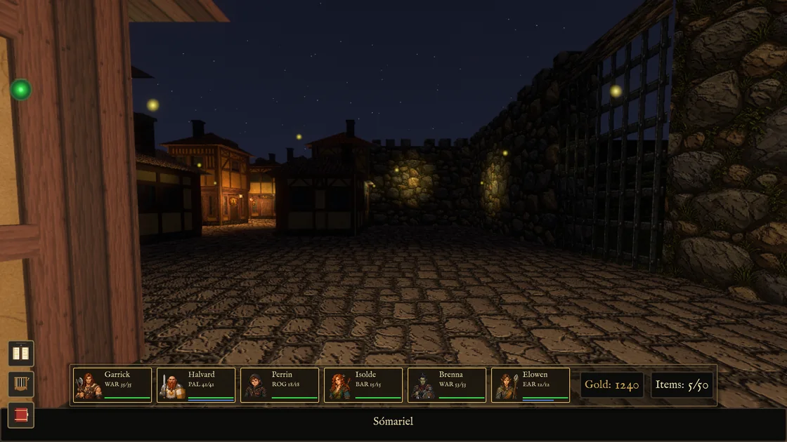 Fireflies over the cobbles inside the town gate at night, filling the screen