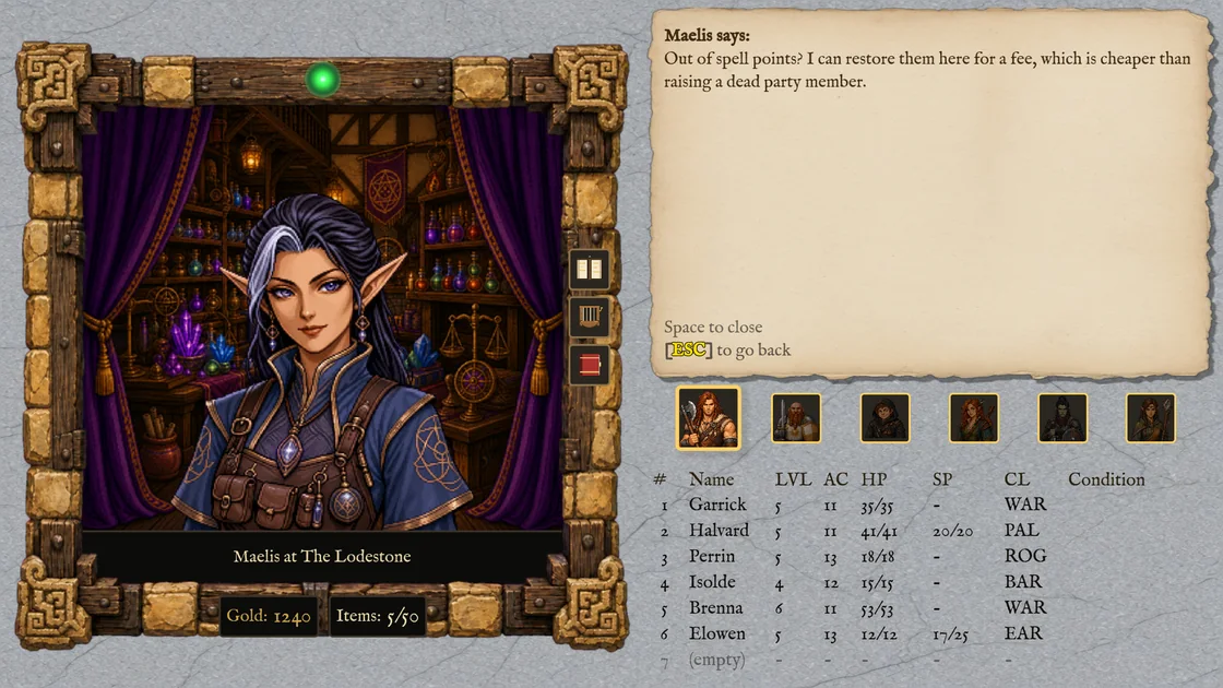 Maelis, an elf, framed in the console while her words fill the parchment