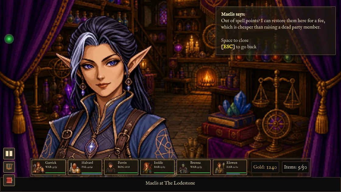 Maelis, an elf, standing in her shop with her words in a card beside her