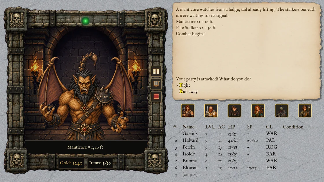 A manticore in the console's frame, the fight's opening lines on the parchment