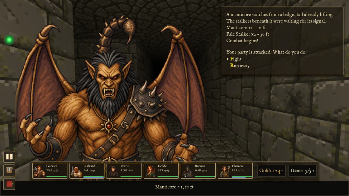 A manticore filling the screen, the fight's opening lines in a card