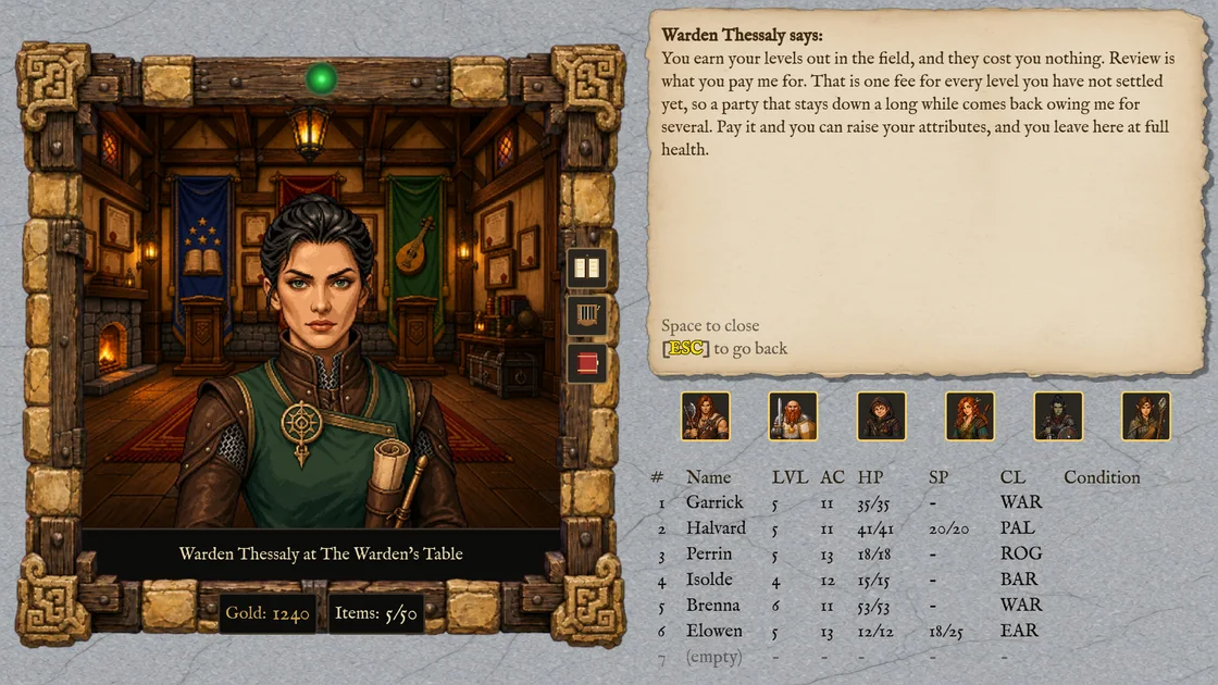 Warden Thessaly framed in the console, the parchment beside her