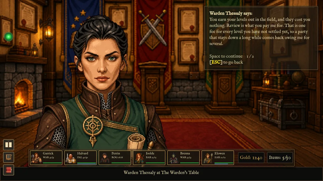Warden Thessaly standing in her hall, her words in a card beside her