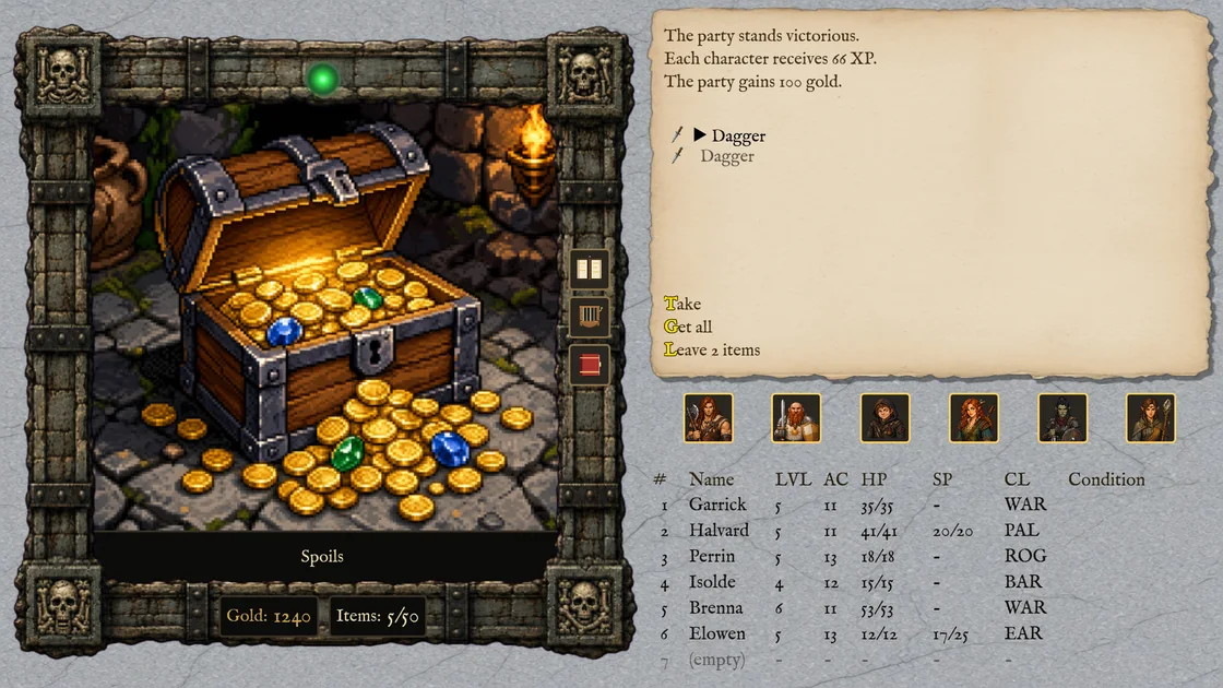 An open chest of gold and gems in the console's frame, the loot list on the parchment