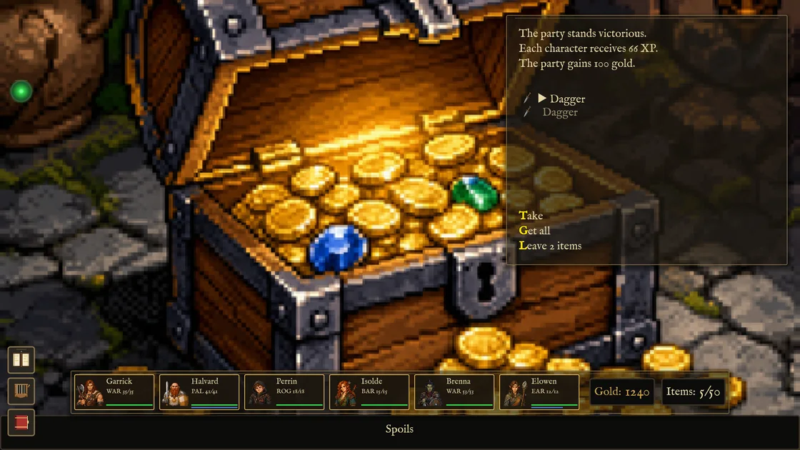 An open chest of gold and gems filling the screen, the loot list in a card