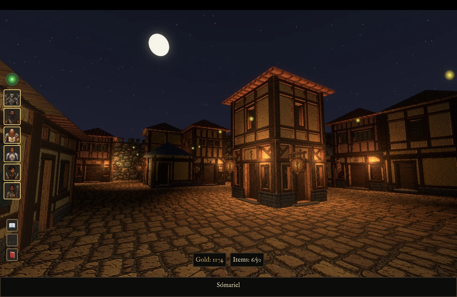 First-person view of Somariel at night under a full moon, fireflies in the air