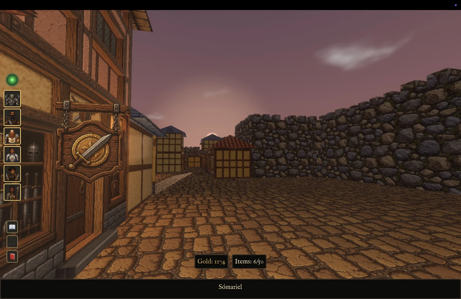 First-person view of a Somariel street at sunset, armory sign on the left