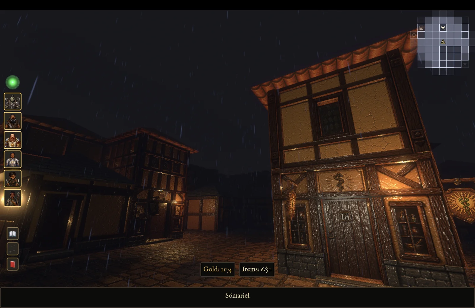 First-person view of a Somariel street in heavy rain at night